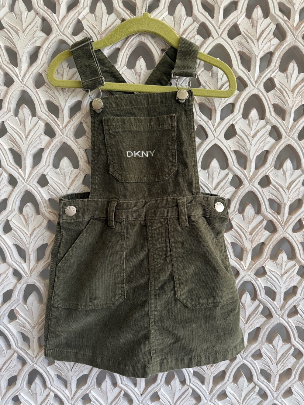 DKNY Olive Green Corduroy Kids Overall Skirt, size 4